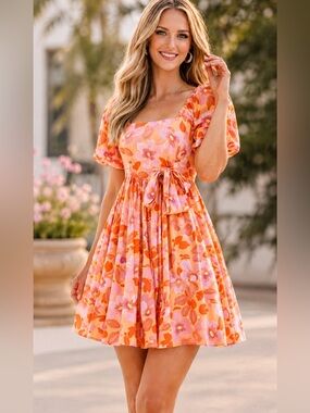 Floral Puff Sleeve Mini Dress Orange Pink Cottagecore Romantic Bow Back Size S